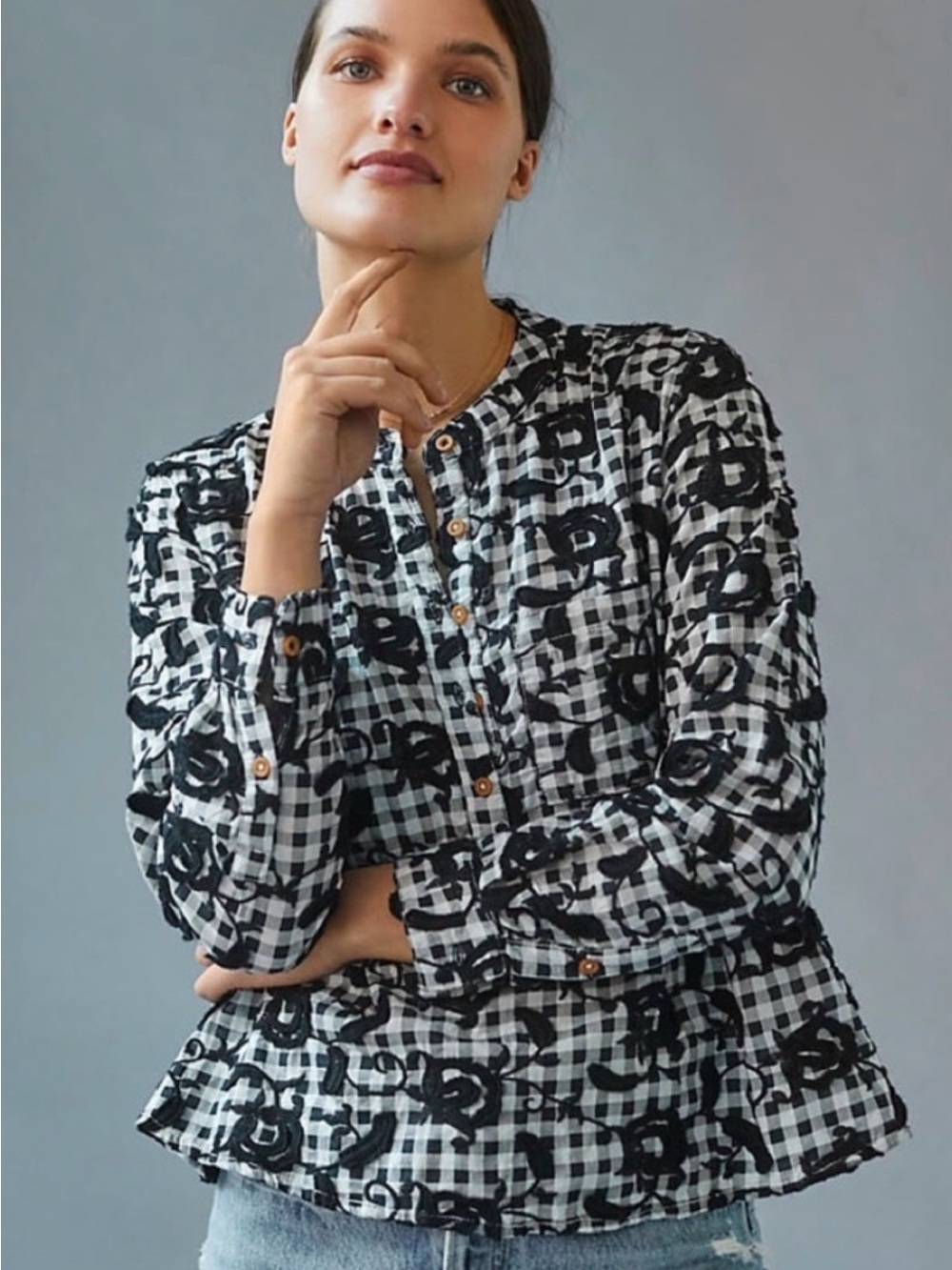 Anthropologie Pilcro The Whitney Trapeze Embroidered Gingham Button-Down Shirt